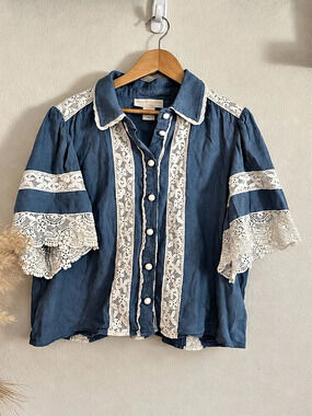 Caroline Constas Blue Linen Blend Lace Trim Cropped Blouse M
